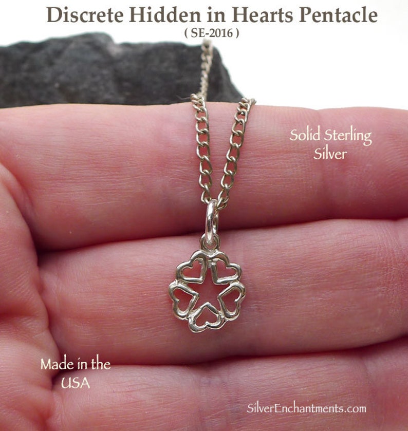 Sterling Silver Pentacle Charm .925 Hidden in Hearts Pentacle Necklace, Small Pentagram Handmade Witchcraft Jewelry image 8