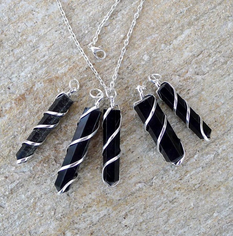 Black Obsidian Pendant Necklace, Silver Spiral Wrapped Black Obsidian Wand Necklace Pendant, Dragon Glass image 4