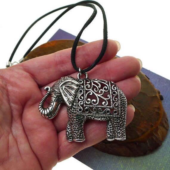 Large Elephant Necklace Filigree Silver 