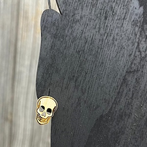 White Skull Stud Earrings - Engraved Halloween Earrings, Spooky Season Wood Jewelry - Handmade, hand painted