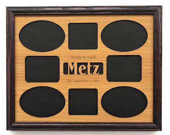Personalized Family Name Wedding Collage Picture Frame, Laser Engraved Oak Matte (11x14)