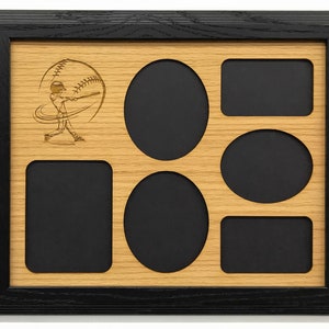May include: A wooden picture frame with a baseball player graphic and five openings for photos. The frame is black with a woodgrain finish.