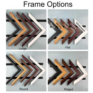 Peut inclure: Image pr&eacute;sentant diff&eacute;rentes options de cadres : Lodge, Flat, Round et Ridged. Chaque style propose des cadres de couleurs Noir, Miel, Fonc&eacute;, Cerise et Blanchi. Le texte "Frame Options" est affich&eacute; en haut.