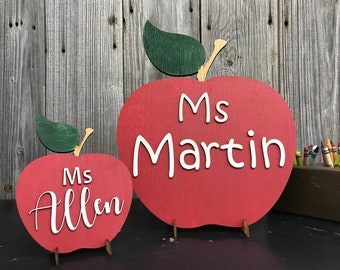 Teacher Name Apple Sign Personalized with Name - Gift for Teacher, Wood Sign