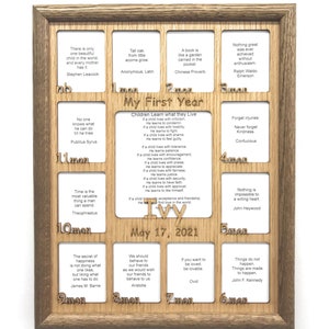 Personalized Baby First Year Name Picture Frame Oak Frame - 11x14 Holds 2.5x3 and 5x7 Photos - New Baby Gift for New Parents, 1st Year Frame