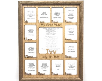 Gepersonaliseerde fotolijst eerste jaar babynaam eiken lijst - 11 x 14 voor foto's van 2,5 x 3 en 5 x 7 - cadeau nieuwe baby voor nieuwe ouders, lijst 1e jaar