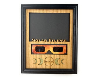 Solar Eclipse Picture Frame - 8x10 Frame Holds 5x7 Photo and Solar Eclipse Glasses - Oak Mat