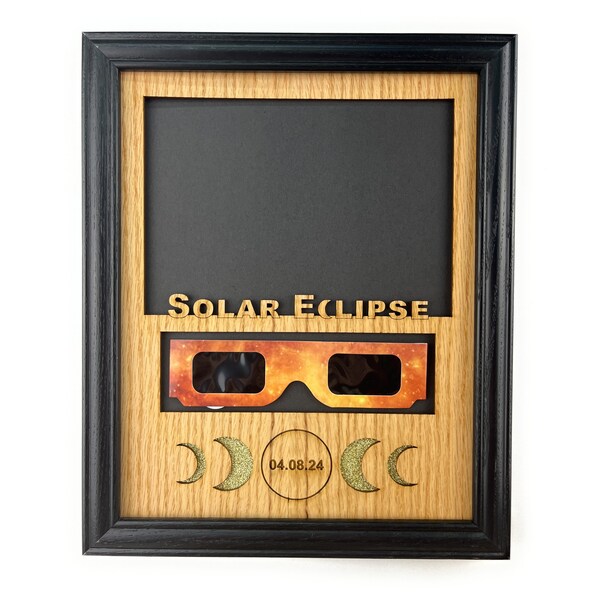 Solar Eclipse Picture Frame - 8x10 Frame Holds 5x7 Photo and Solar Eclipse Glasses - Oak Mat