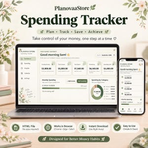 May include: A digital spending tracker interface displayed on a laptop and smartphone screen. The dashboard features sections for starting money, income, total spent, and remaining balance, with a monthly spending progress bar and category chart.