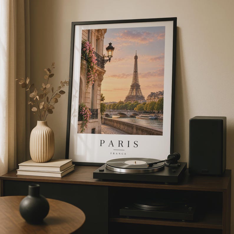 Paris Eiffel Tower Poster France Travel Print Seine River Sunset Wall 