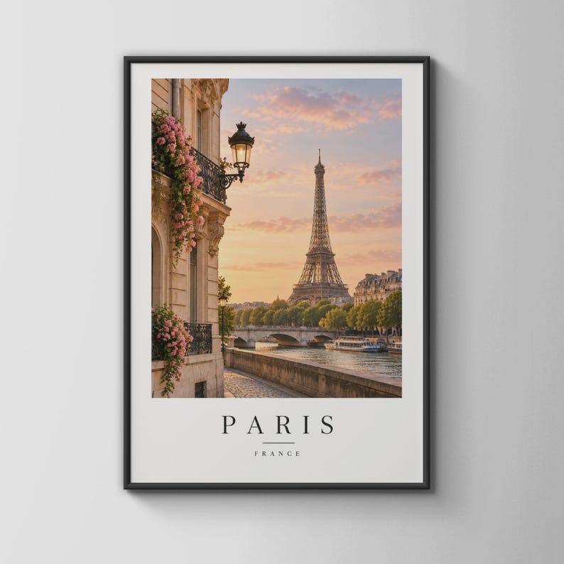 Paris Eiffel Tower Poster France Travel Print Seine River Sunset Wall 