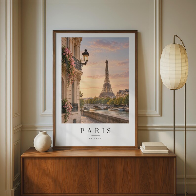 Paris Eiffel Tower Poster France Travel Print Seine River Sunset Wall 