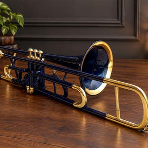 May include: A valve trombone featuring a deep navy blue lacquered finish contrasted with polished gold-tone brass accents on the bell rim, slide, and valve caps. The instrument includes three top-mounted valves and a long, extendable slide mechanism.