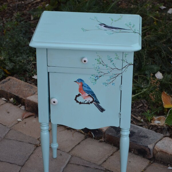 Custom Bird Side Table or Nightstand, Hand Painted Antique Wood, Distressed Teal Blue, Tree Branches w Chickadee Bluebird Nuthatch Songbirds