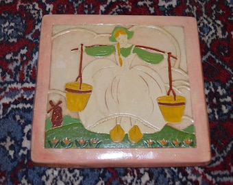 Antique American Arts Crafts Pottery, Decorative Thick and Heavy Tile w Water Girl, Pink and Green Story Tile, Roycroft Wheatley Rookwood?