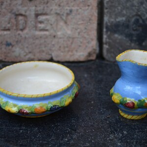 Vintage Italian Miniature Bowl and Pitcher Set, Hand-Painted Blue with Yellow and Red Flowers, Italian Pottery, Collectible Set, European Bild 3