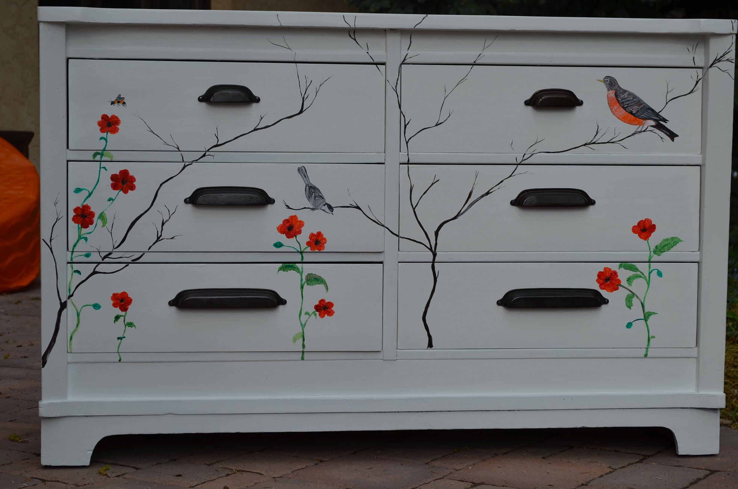 Hand-painted White Dresser, Orange Poppies, Choice of Birds, Flowers,  Dragonfly, Butterfly, Robin, Chickadee, Bees, Antique Songbird Dresser -  Etsy