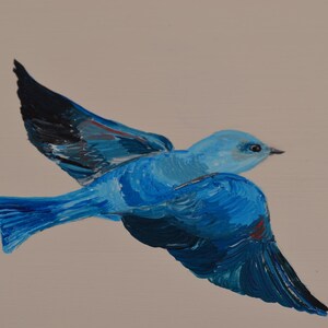 May include: A blue bird with black wing feathers in flight against a light beige background.
