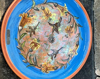 Seminario Ceramics Blue Peruvian Pottery Plate with Peru Flower and Hummingbird, Signed, Raised Birds, Hand Painted, Metal Seminario Plaque