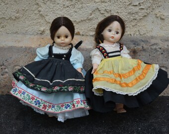 Vintage Pair of Brunette Alexander Dolls, Made in USA, Jointed Legs, Strung, Sleep Eyes, Original Dresses, International Series Rumania Tag