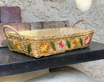 Woven Floral Basket with Handles, Perfect for Shelves or Drawers, Nursery or Closet