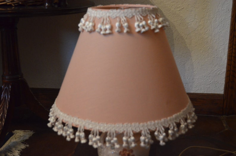 Vintage Custom Pink Lamp Shade W White Dangling Whimisical Trim Dusty Cloth Fabric Accents Light Bulb Attachment 4 Table