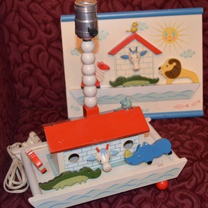 Vintage Noah&#39;s Ark Nursery Lamp with Wood Animals and Matching Wooden Plaque