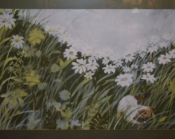 Original Watercolor Painting Signed by Artist Jean Zella, Siamese Kitten Playing in Field of White Daisies, Green Floral Landscape Authentic