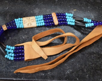 Vintage Teal Blue Beaded Leather Headband or Small Belt, Beautiful Hair Accessory, Native American Headband, Vintage Handmade Beaded Belt