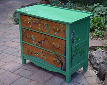 Hand Painted by Me Bird Dresser SHIPPING INCLUDED: Backyard Songbirds, Bluebird, Towhee, Swallow, Tanager, Warbler, Antique Turquoise Green