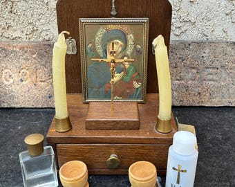 1960s Wood Shrine with St. Mary Painting, Vintage Cross, Holy Water, Candles, Wooden Bowls, Handmade Portable Shrine