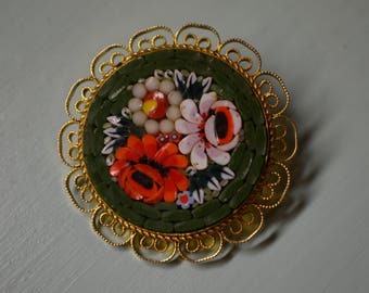 Italian Micro Mosaic Stone Pin, Beautiful Vintage Round Mosaic Pin, Gold Brass Trim, Red Pink White Floral Mosaic Brooch w Green Background