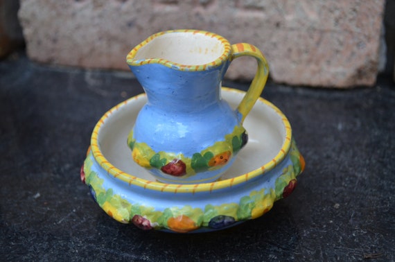 Vintage Italian Miniature Bowl and Pitcher Set, Hand-Painted Blue with Yellow and Red Flowers, Italian Pottery, Collectible Set, European