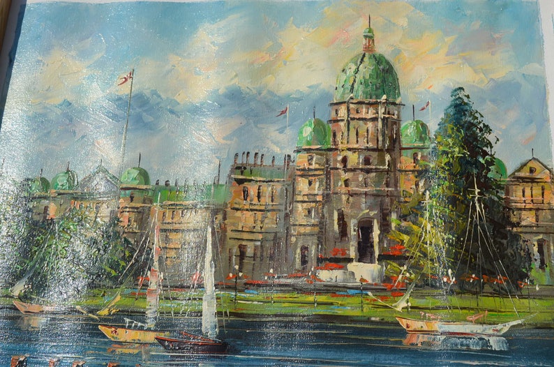 Mid Century Vintage Signed Oil Painting Lake Geneva Image 0