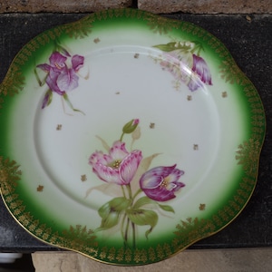 Antique Hand-Painted Bavarian Plate, Marked &quot;MIGNON&quot; Z S & C, Trim with Gold Detail and Purple Tulips, Lavender Flowers, Porcelain, European