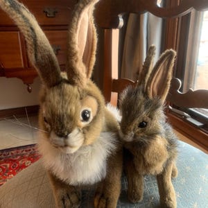 May include: Two plush rabbit figurines. The larger rabbit has brown fur, long ears, and a white fur collar. The smaller rabbit has similar coloring and features. Both are posed on a light blue patterned cushion.