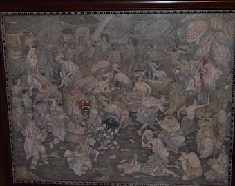 Antique Hand-Painted Chinese War Tapestry, Depicting Chinese Dragon and Warriors, Children with Swords, Villagers, Rare Watercolor on Fabric