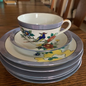 Rare Chikaramachi Bird of Paradise Plates+ Tea Cup, Blue Rim, Lusterware Noritake, Hand-Painted Vintage 5 Dessert Plates, 1 Tea Cup & Saucer