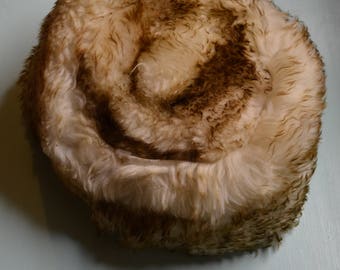 Vintage 1950s White & Brown Fur Hat with Leather Lining, Russian Fur Winter Hat, Halloween Costume or Evening Hat