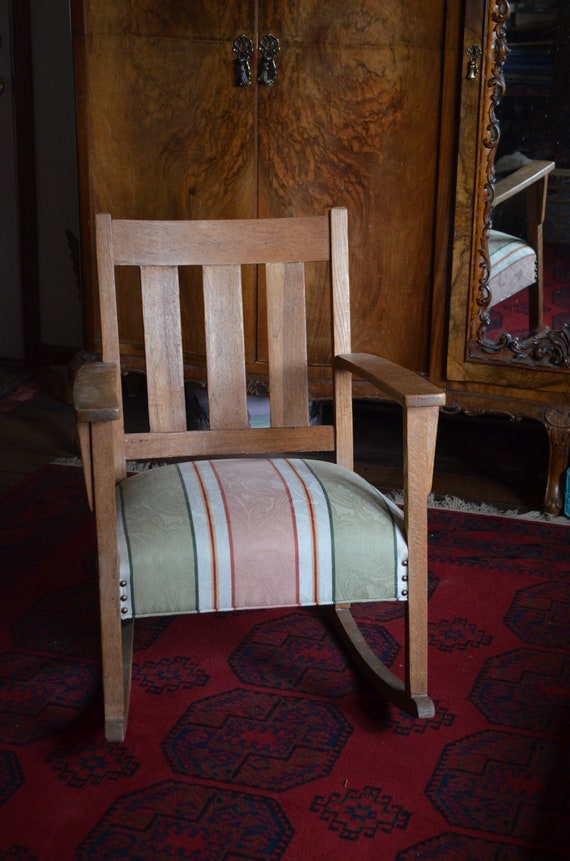 Antique Mission Oak Rocking Chair With Reupholstered Seat Etsy