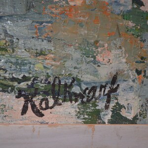 May include: An abstract oil painting with a textured surface. The artwork features a palette of muted greens, blues, and oranges, with visible brushstrokes. The artist's signature, "Hoffhart", is in black script in the lower right corner.