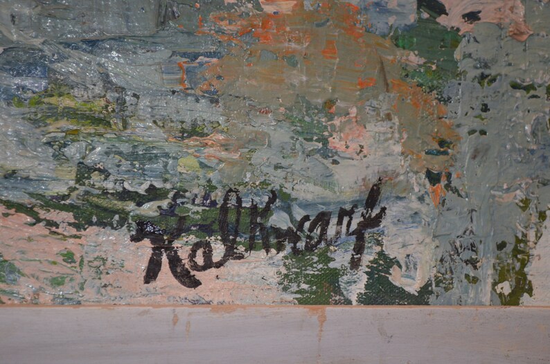 May include: An abstract oil painting with a textured surface. The artwork features a palette of muted greens, blues, and oranges, with visible brushstrokes. The artist's signature, "Hoffhart", is in black script in the lower right corner.