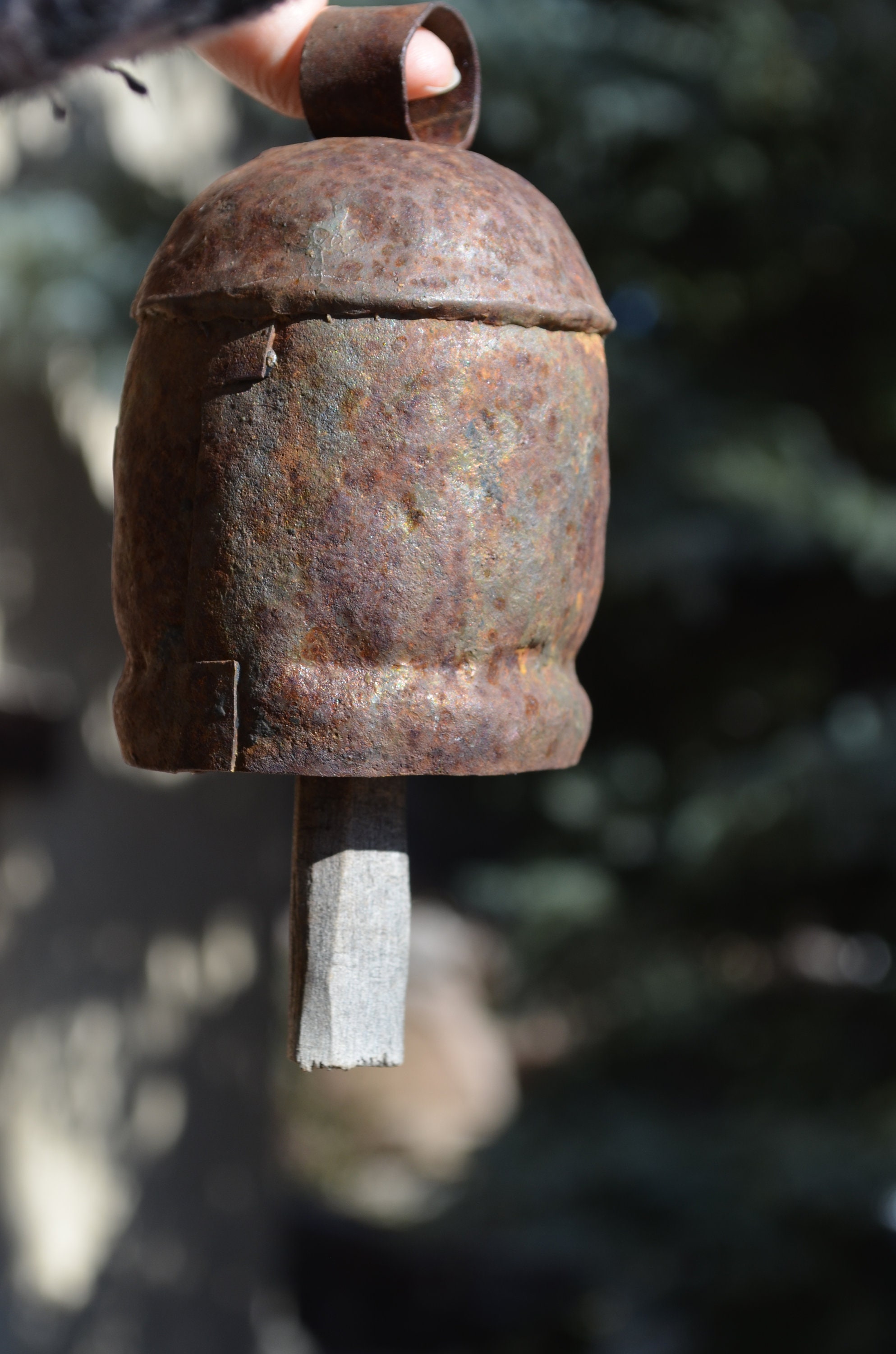 Hanging Cow Bell Antique Cow Bell with Handle and Original Wood Clapper Rust and Metal Rustic and Primitive Dovetailed Olympic Games