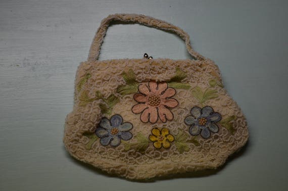 Antique Embroidered Floral Beaded Purse, Handmade… - image 5