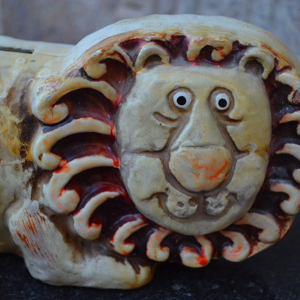 Vintage Ceramic Lion Coin Bank, Where the Wild Things Are Animal, Unusual Funny Lion Face with Mane, Collectible Friendly Lion Bank, Yellow