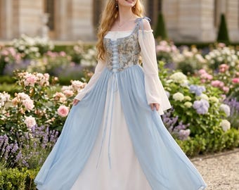 Renaissance Fairy Dress, 2-Piece Floral Corset Overdress with Bell Sleeve Gown