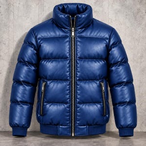 Puede incluir: Una chaqueta acolchada de color azul real con un acabado liso similar al cuero. La chaqueta cuenta con un cuello alto, una cremallera frontal plateada de longitud completa y dos bolsillos laterales con cremalleras plateadas. Los puños y el dobladillo son acanalados.
