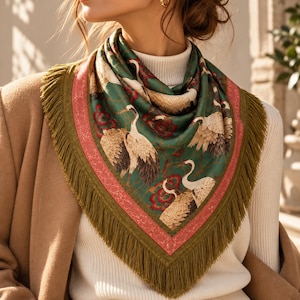 May include: A square scarf featuring a dark green background with a pattern of white cranes and red floral accents. The scarf is bordered by a pink band with a textured pattern and finished with long, olive green fringe along the edges.