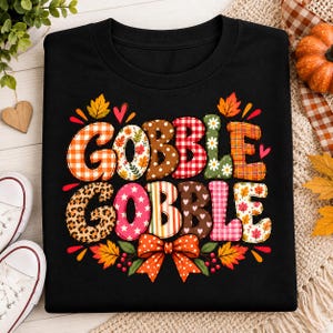 Gobble Gobble PNG, Retro Thanksgiving Shirt Design, Boho Fall PNG, Leopard Plaid Turkey Day, Pink Thanksgiving Sublimation, Fall Bow PNG