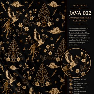 Peut inclure: Un tissu noir avec un motif dor&eacute; r&eacute;p&eacute;titif repr&eacute;sentant des aigles-autours javanais, des fleurs de melati, des ornements traditionnels, des nuages et des keris. Le texte indique JAVA 002 JAVANESE HERITAGE COLLECTION, d&eacute;crivant un motif continu.